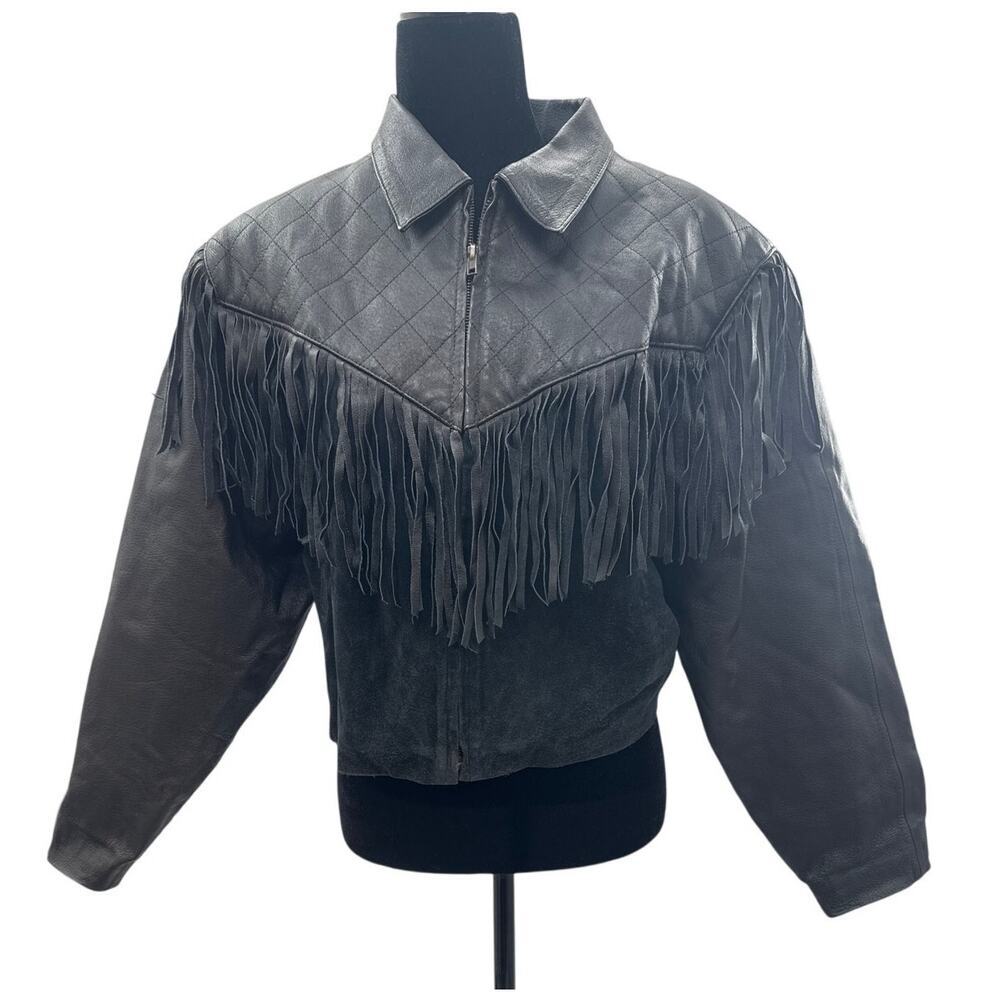 Vintage Just Joshua Black Leather Suede Fringe Jacket Medium